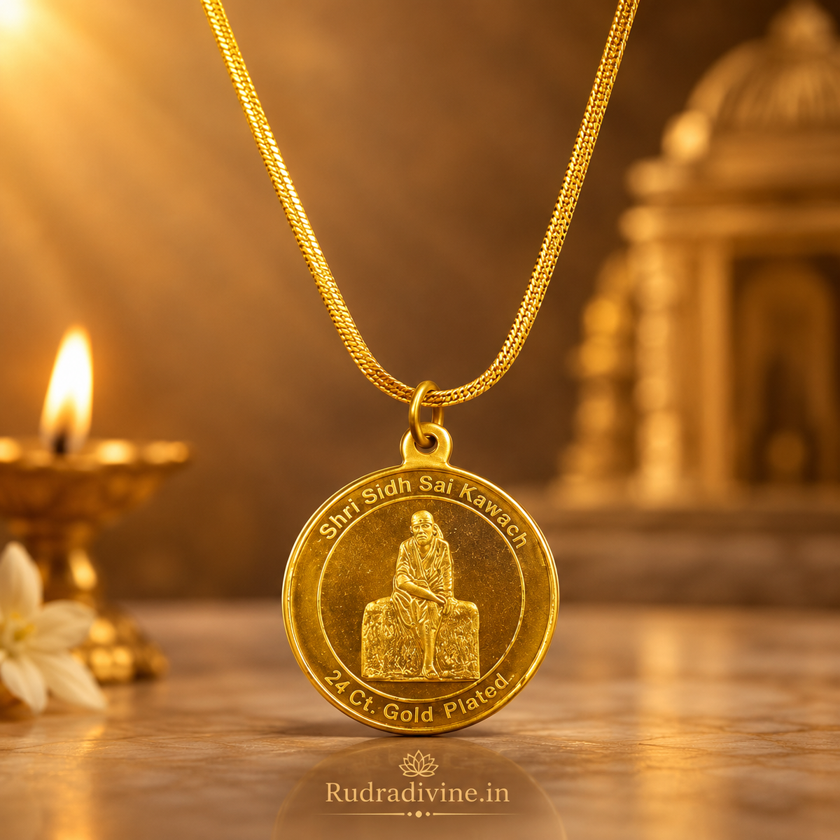 Sai Kawach Pendant in Brass featuring Shirdi Sai Baba devotional design by Rudradivine, traditionally associated with spiritual protection, faith, peace and blessings.