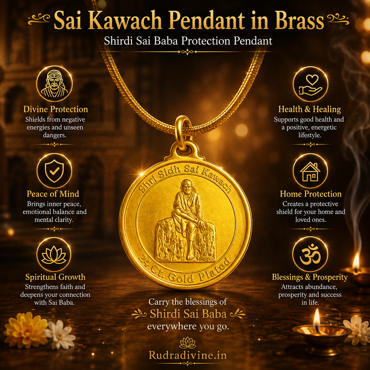 Sai Kawach Pendant in Brass featuring Shirdi Sai Baba devotional design by Rudradivine, traditionally associated with spiritual protection, faith, peace and blessings.