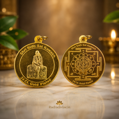 Sai Kawach Pendant in Brass featuring Shirdi Sai Baba devotional design by Rudradivine, traditionally associated with spiritual protection, faith, peace and blessings.