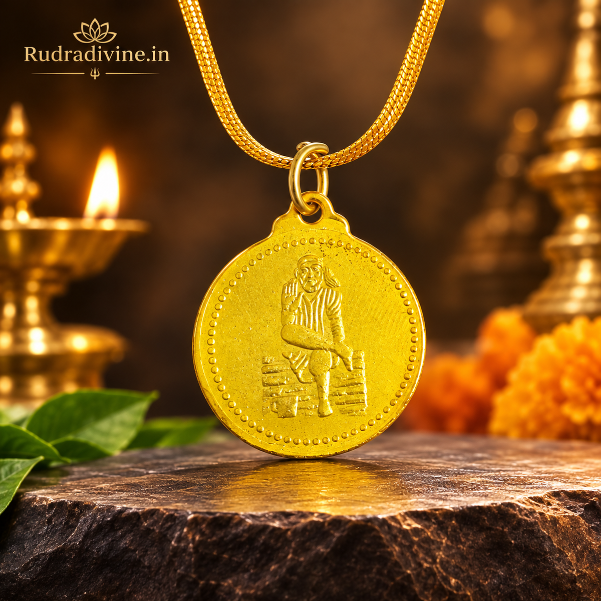 Sai Yantra in Brass Shirdi Sai Baba locket pendant by Rudradivine, designed as a traditional spiritual accessory for protection, devotion and daily wear.