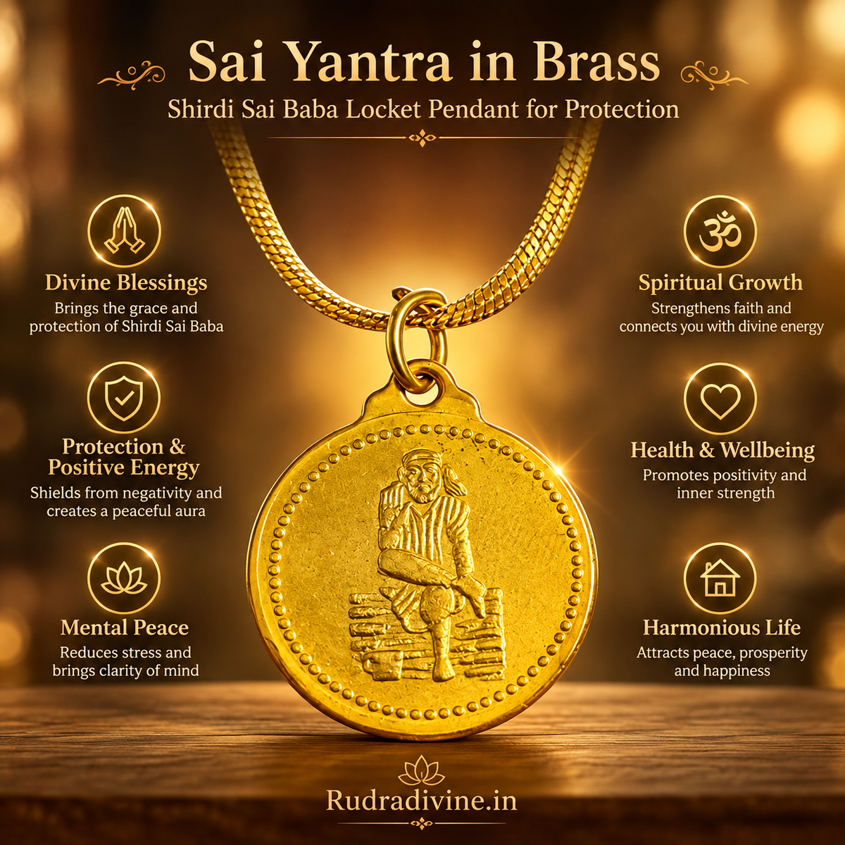 Sai Yantra in Brass Shirdi Sai Baba locket pendant by Rudradivine, designed as a traditional spiritual accessory for protection, devotion and daily wear.