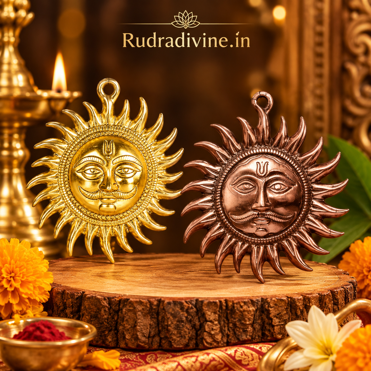 Set of 2 Surya Dev Wall Hanging by Rudradivine, designed for traditional spiritual decor, Vaastu-inspired spaces, pooja rooms, entrances and devotional home decor.