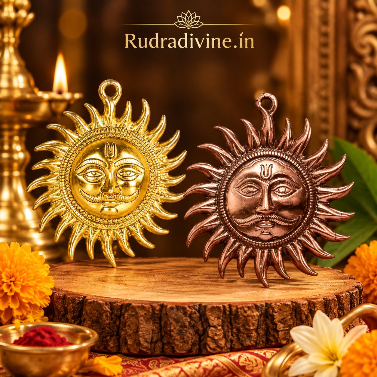 Set of 2 Surya Dev Wall Hanging by Rudradivine, designed for traditional spiritual decor, Vaastu-inspired spaces, pooja rooms, entrances and devotional home decor.