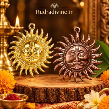 Set of 2 Surya Dev Wall Hanging by Rudradivine, designed for traditional spiritual decor, Vaastu-inspired spaces, pooja rooms, entrances and devotional home decor.