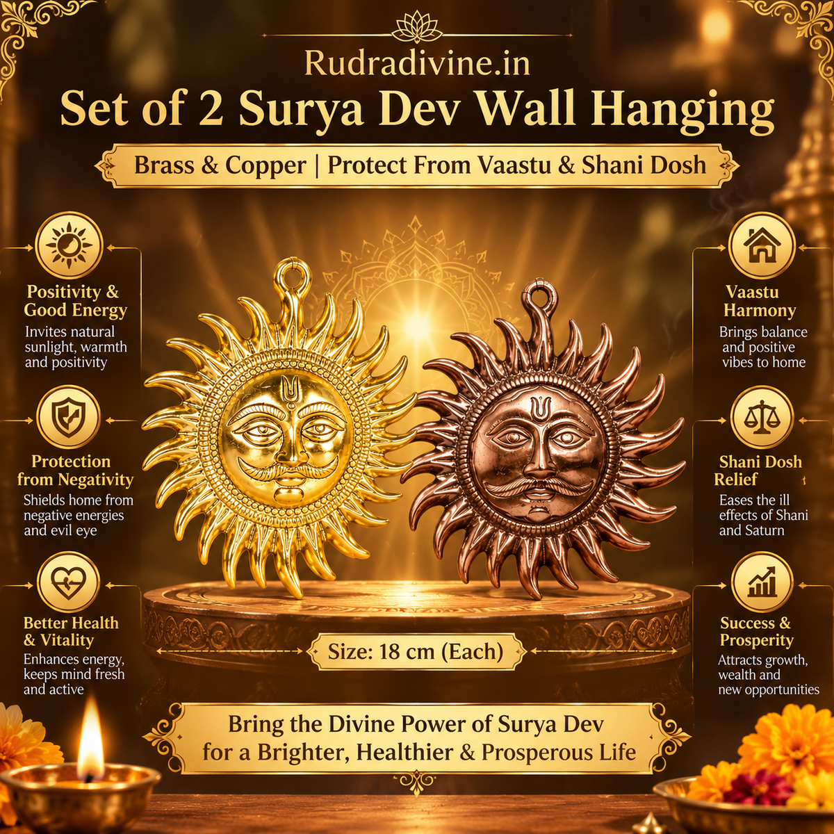 Set of 2 Surya Dev Wall Hanging by Rudradivine, designed for traditional spiritual decor, Vaastu-inspired spaces, pooja rooms, entrances and devotional home decor.