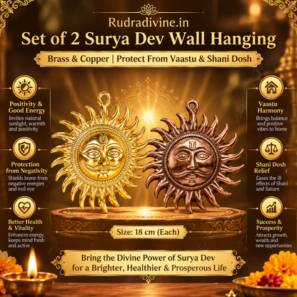 Set of 2 Surya Dev Wall Hanging by Rudradivine, designed for traditional spiritual decor, Vaastu-inspired spaces, pooja rooms, entrances and devotional home decor.