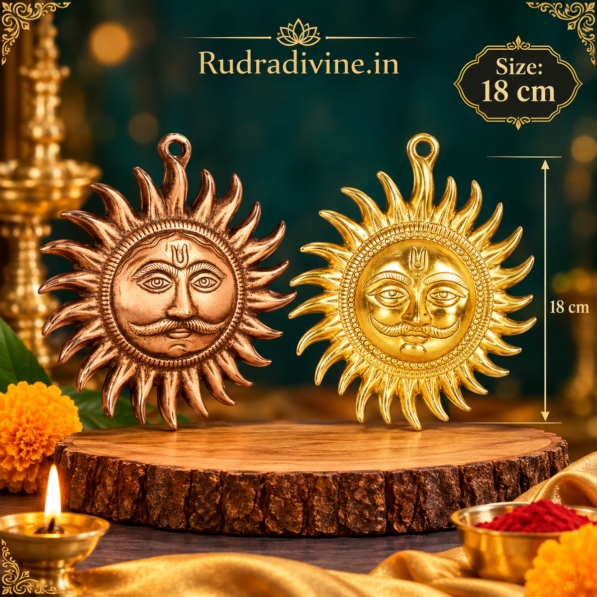 Set of 2 Surya Dev Wall Hanging by Rudradivine, designed for traditional spiritual decor, Vaastu-inspired spaces, pooja rooms, entrances and devotional home decor.