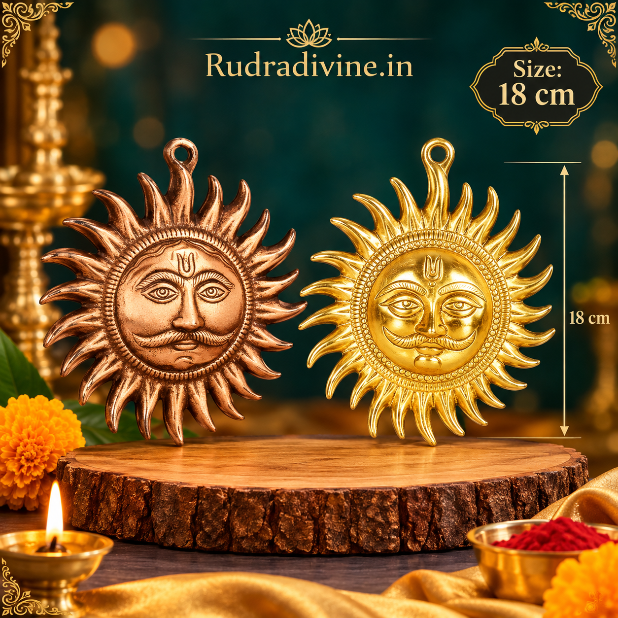 Set of 2 Surya Dev Wall Hanging by Rudradivine, designed for traditional spiritual decor, Vaastu-inspired spaces, pooja rooms, entrances and devotional home decor.