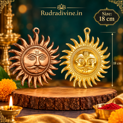 Set of 2 Surya Dev Wall Hanging by Rudradivine, designed for traditional spiritual decor, Vaastu-inspired spaces, pooja rooms, entrances and devotional home decor.