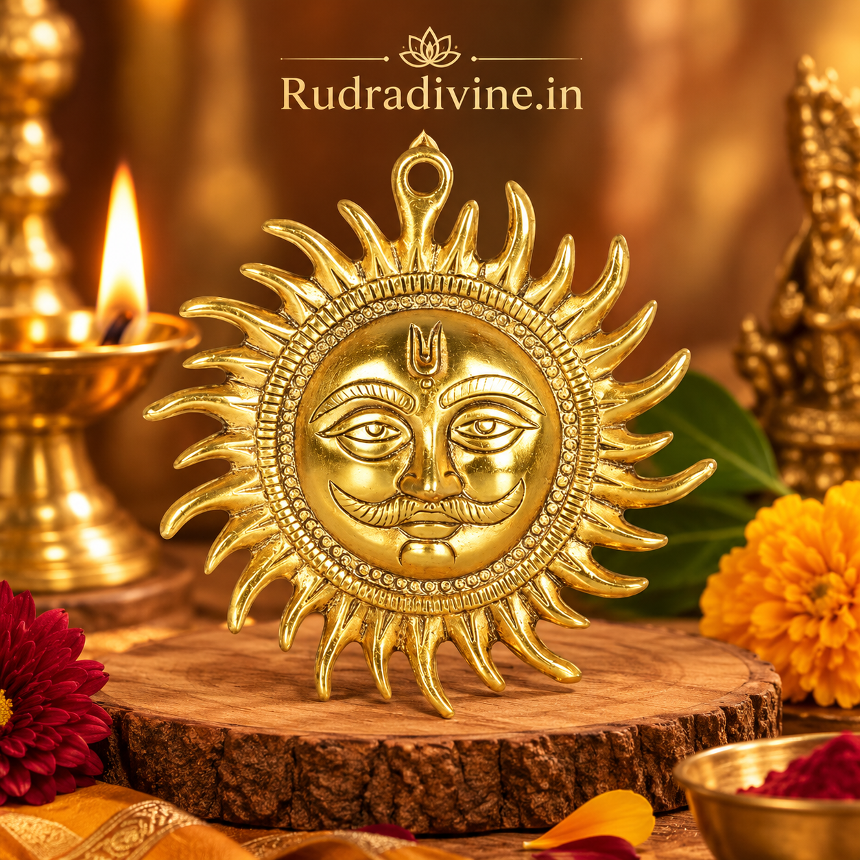 Set of 2 Surya Dev Wall Hanging by Rudradivine, designed for traditional spiritual decor, Vaastu-inspired spaces, pooja rooms, entrances and devotional home decor.