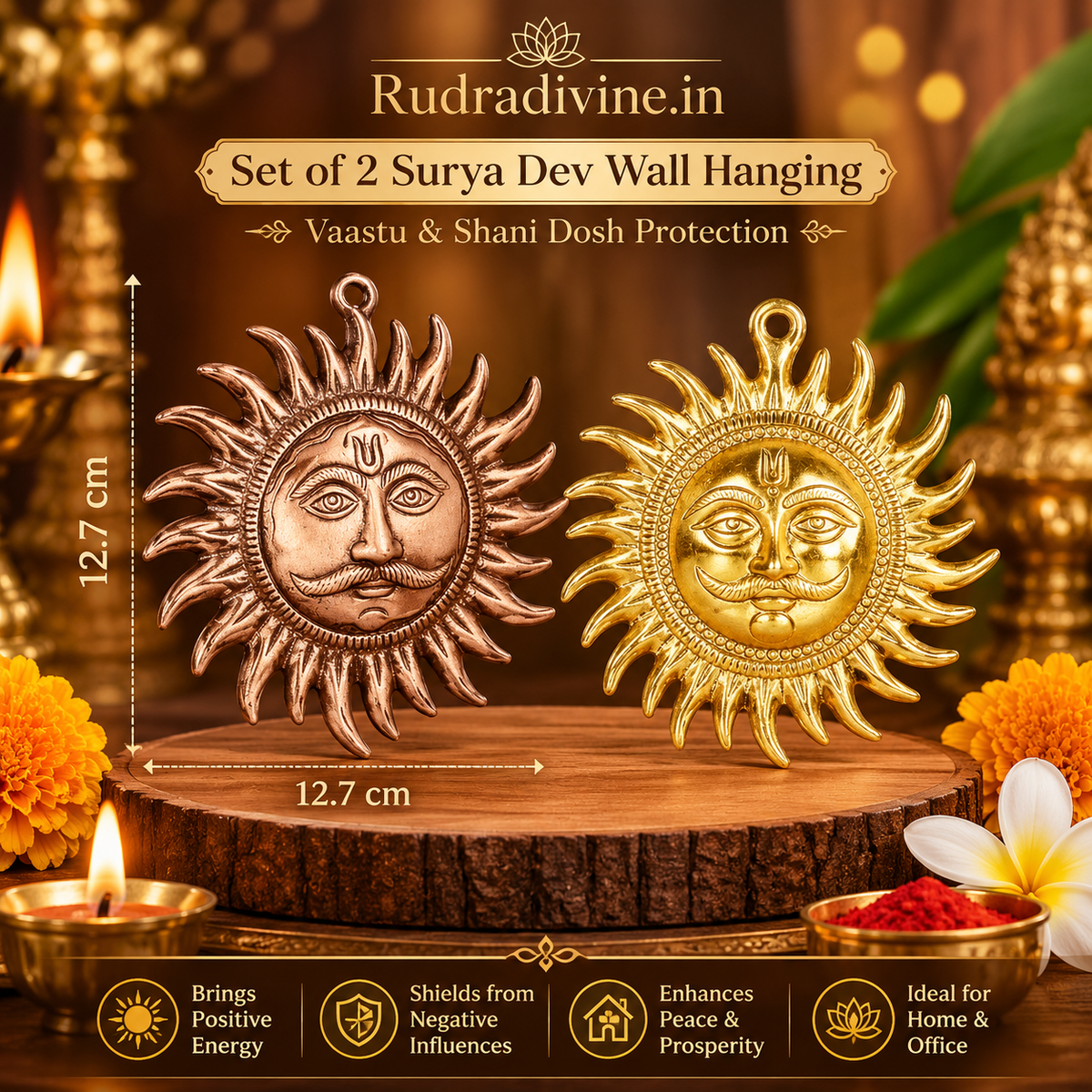 Set of 2 Surya Dev Wall Hanging by Rudradivine, designed for traditional spiritual decor, Vaastu-inspired spaces, pooja rooms, entrances and devotional home decor.