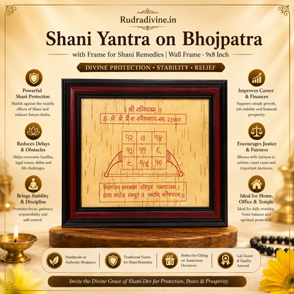 Handmade Shani Yantra on authentic Bhojpatra in premium 9x8 inch wooden frame by Rudradivine for Shani remedies, worship, Vastu and spiritual protection.