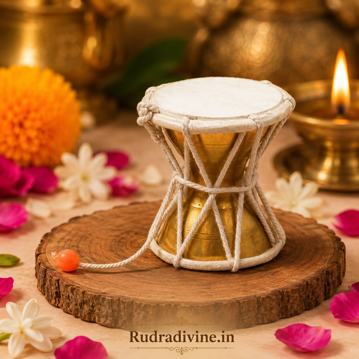 Shiv Ji Brass Damru crafted in traditional brass for Shiva pooja, devotional practices and Mandir decor by Rudradivine, suitable for spiritual spaces and festivals.
