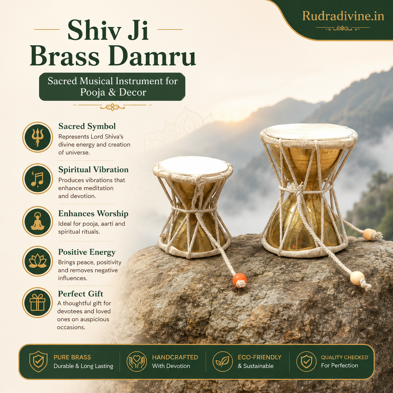 Shiv Ji Brass Damru crafted in traditional brass for Shiva pooja, devotional practices and Mandir decor by Rudradivine, suitable for spiritual spaces and festivals.