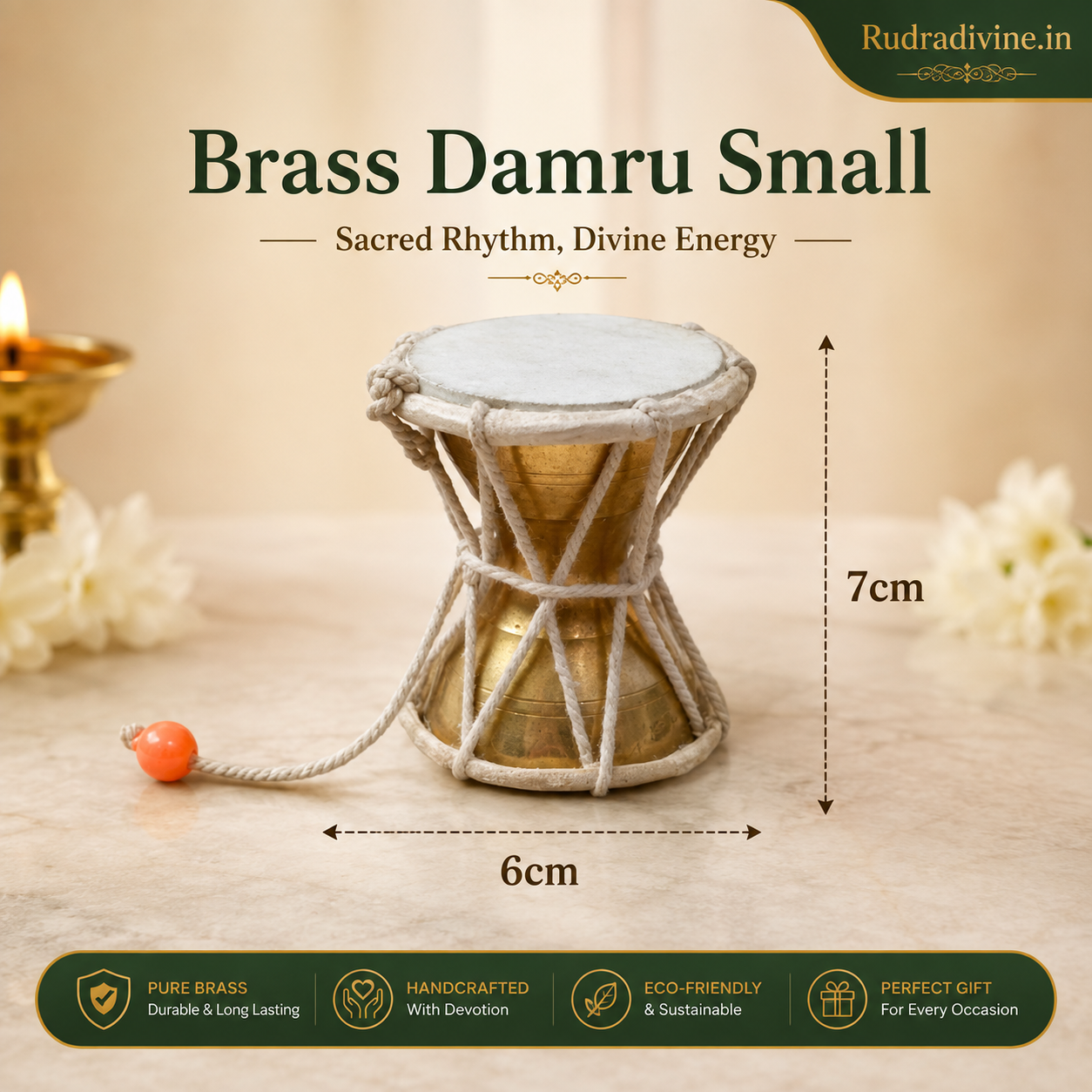 Shiv Ji Brass Damru crafted in traditional brass for Shiva pooja, devotional practices and Mandir decor by Rudradivine, suitable for spiritual spaces and festivals.