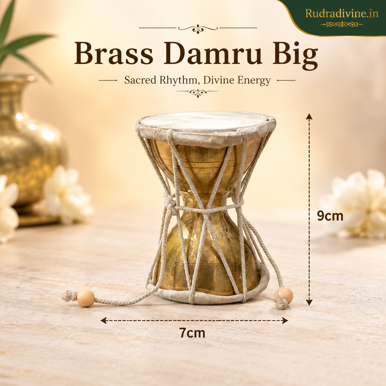 Shiv Ji Brass Damru crafted in traditional brass for Shiva pooja, devotional practices and Mandir decor by Rudradivine, suitable for spiritual spaces and festivals.