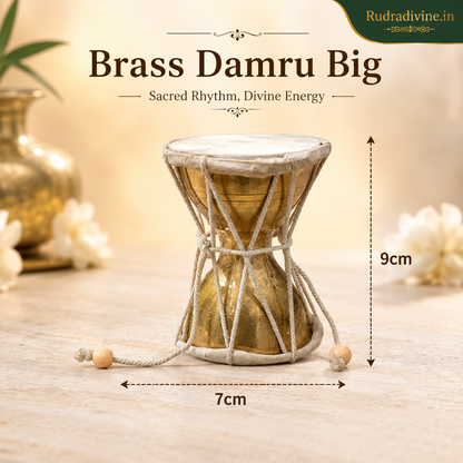 Shiv Ji Brass Damru crafted in traditional brass for Shiva pooja, devotional practices and Mandir decor by Rudradivine, suitable for spiritual spaces and festivals.