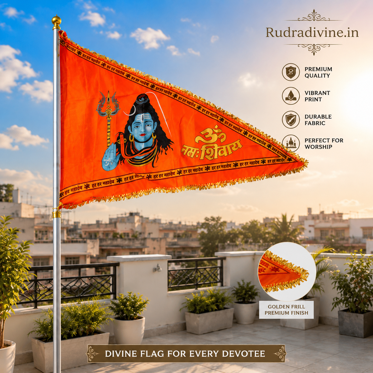 Shiv Ji Flag Bholenath Jhanda 40X60 Inch in saffron with Om Namah Shivaay devotional design for puja, home temple, mandir, festivals and spiritual decor by Rudradivine.