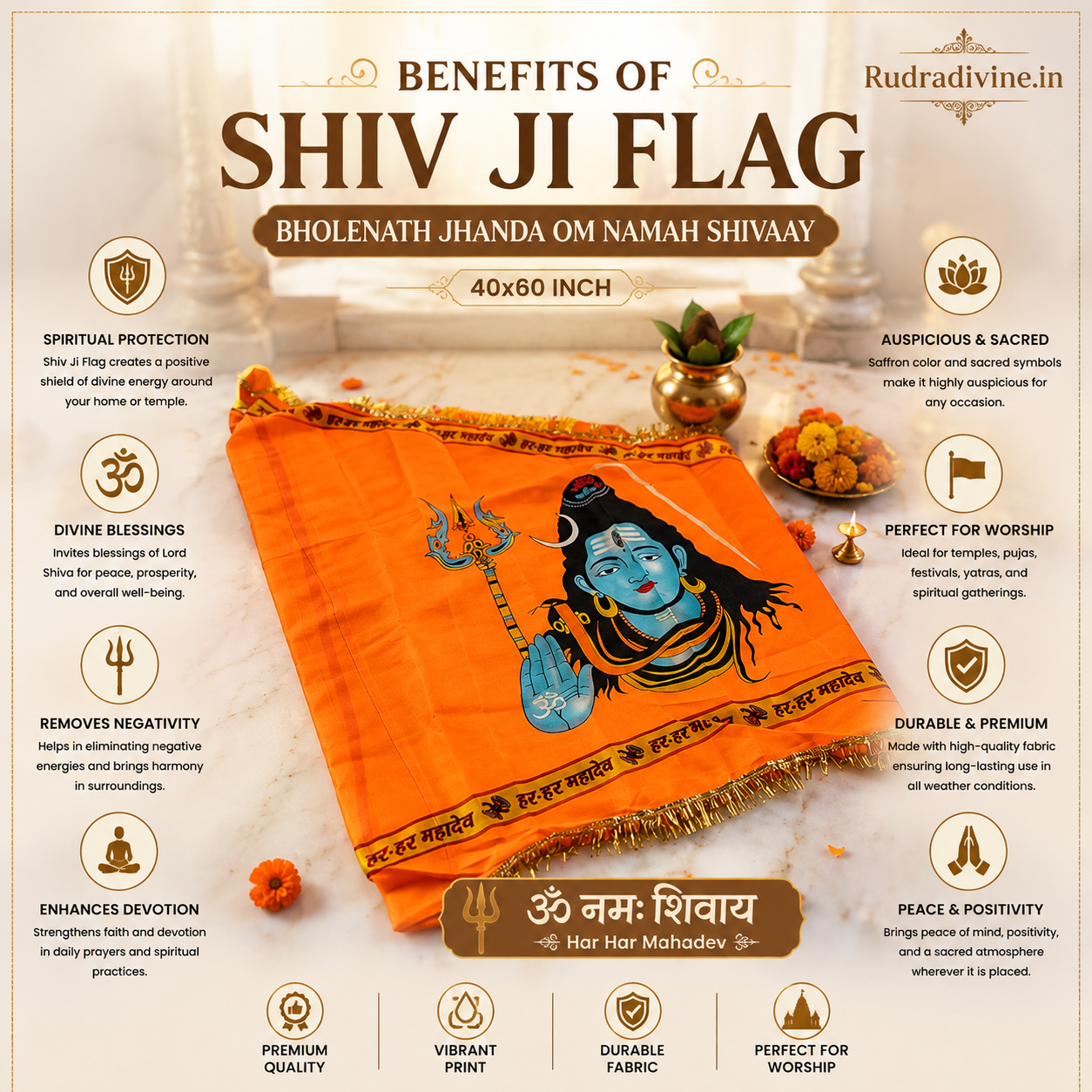 Shiv Ji Flag Bholenath Jhanda 40X60 Inch in saffron with Om Namah Shivaay devotional design for puja, home temple, mandir, festivals and spiritual decor by Rudradivine.