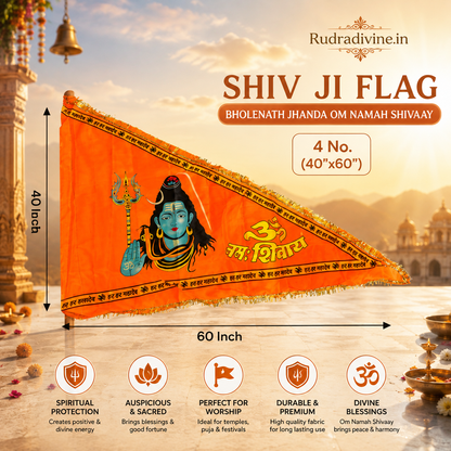Shiv Ji Flag Bholenath Jhanda 40X60 Inch in saffron with Om Namah Shivaay devotional design for puja, home temple, mandir, festivals and spiritual decor by Rudradivine.