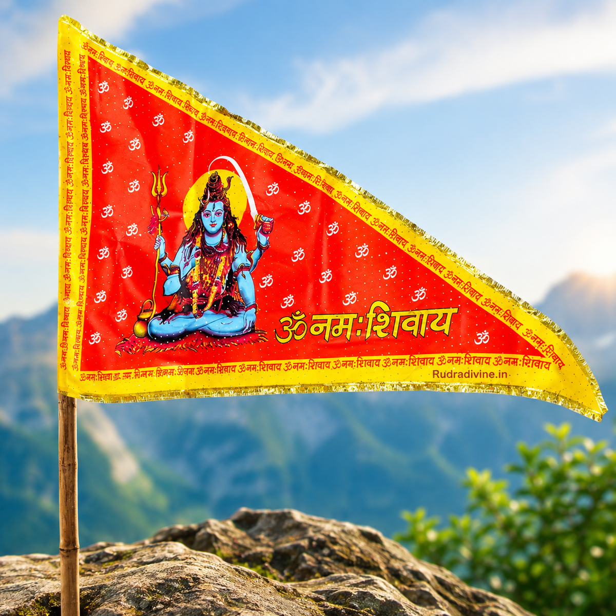 Shiv Ji Flag featuring Bholenath and Om Namah Shivaay spiritual design by Rudradivine, ideal for home temples, puja, Mahadev devotion and religious celebrations.