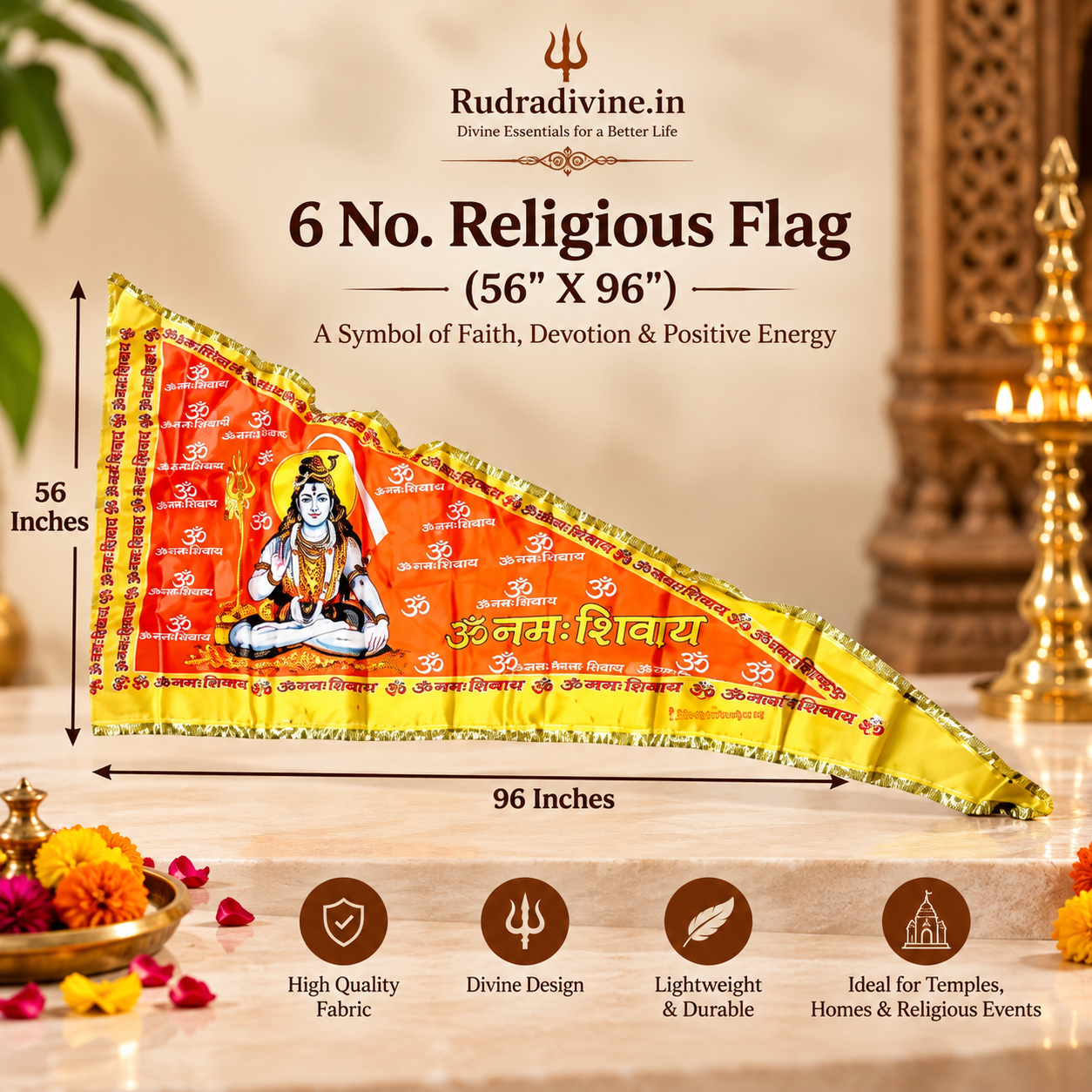 Shiv Ji Flag featuring Bholenath and Om Namah Shivaay spiritual design by Rudradivine, ideal for home temples, puja, Mahadev devotion and religious celebrations.