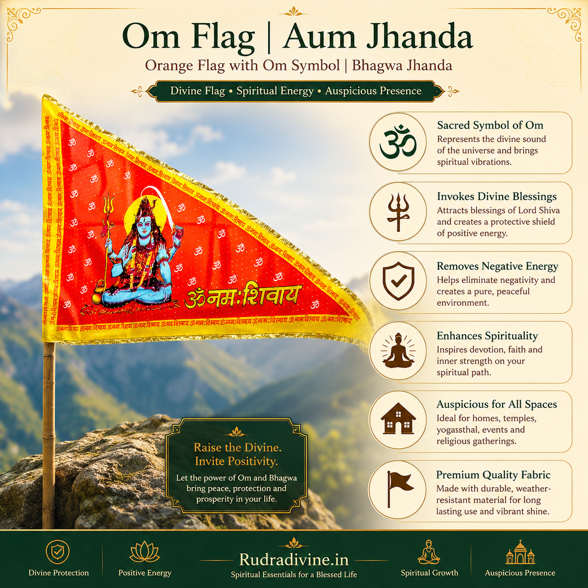 Shiv Ji Flag featuring Bholenath and Om Namah Shivaay spiritual design by Rudradivine, ideal for home temples, puja, Mahadev devotion and religious celebrations.
