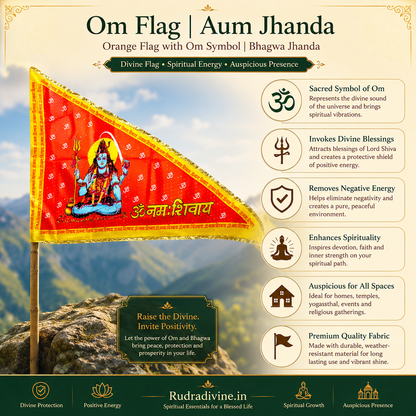 Shiv Ji Flag featuring Bholenath and Om Namah Shivaay spiritual design by Rudradivine, ideal for home temples, puja, Mahadev devotion and religious celebrations.