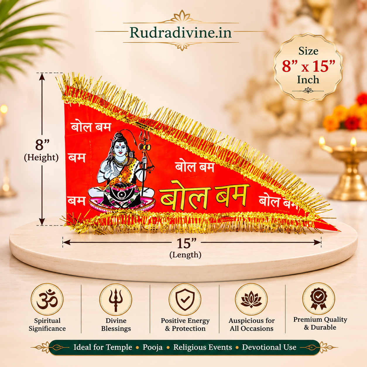 Shiv Ji Flag featuring Bholenath and Om Namah Shivaay spiritual design by Rudradivine, ideal for home temples, puja, Mahadev devotion and religious celebrations.