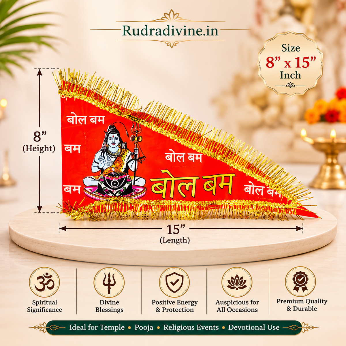 Shiv Ji Flag featuring Bholenath and Om Namah Shivaay spiritual design by Rudradivine, ideal for home temples, puja, Mahadev devotion and religious celebrations.