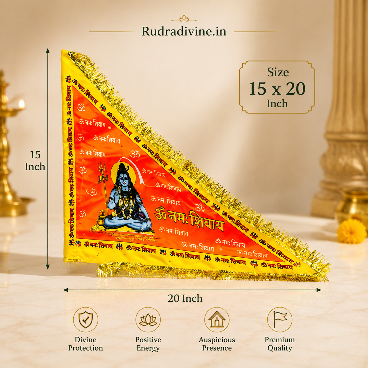Shiv Ji Flag featuring Bholenath and Om Namah Shivaay spiritual design by Rudradivine, ideal for home temples, puja, Mahadev devotion and religious celebrations.