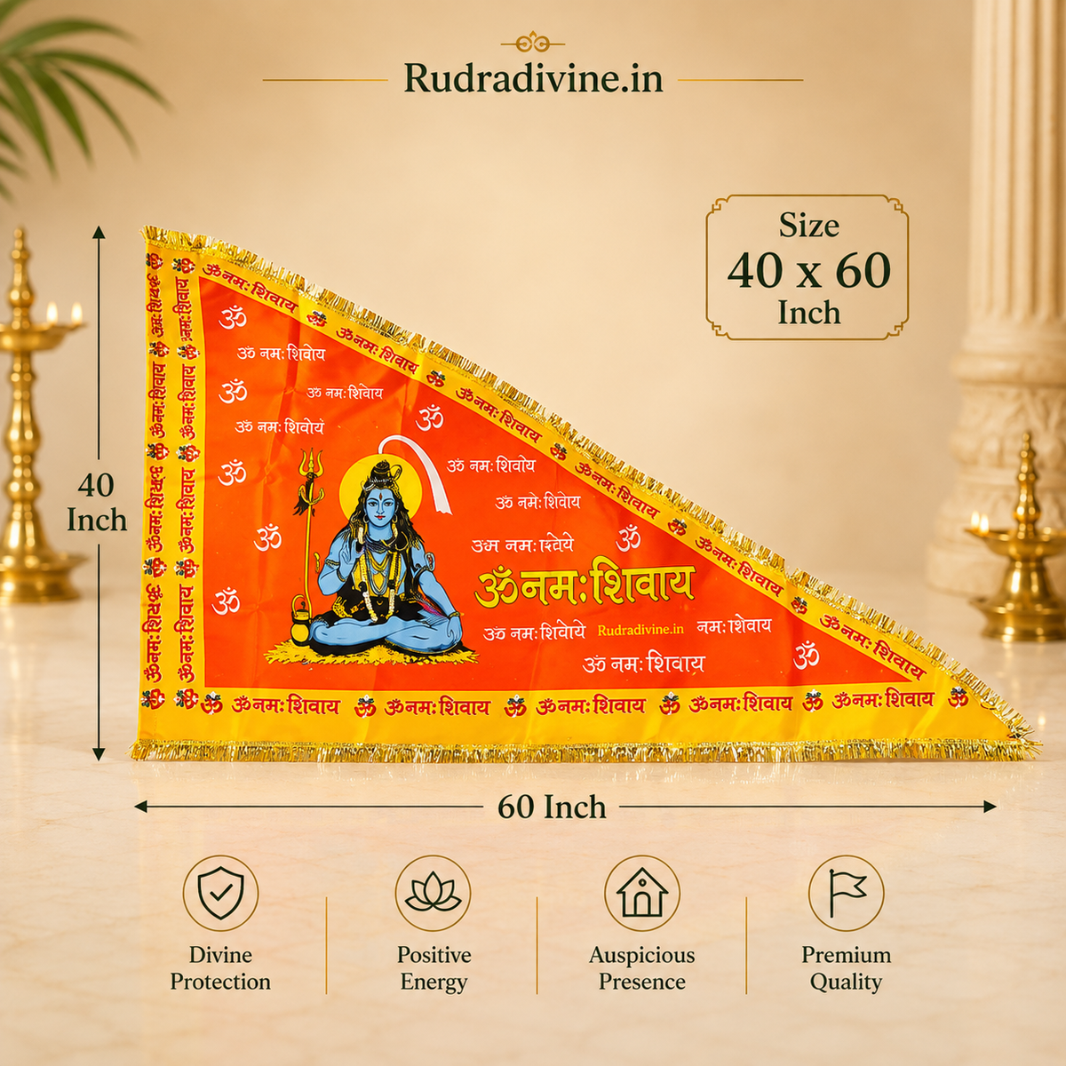 Shiv Ji Flag featuring Bholenath and Om Namah Shivaay spiritual design by Rudradivine, ideal for home temples, puja, Mahadev devotion and religious celebrations.