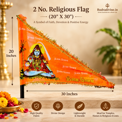 Shiv Ji Flag featuring Bholenath and Om Namah Shivaay spiritual design by Rudradivine, ideal for home temples, puja, Mahadev devotion and religious celebrations.