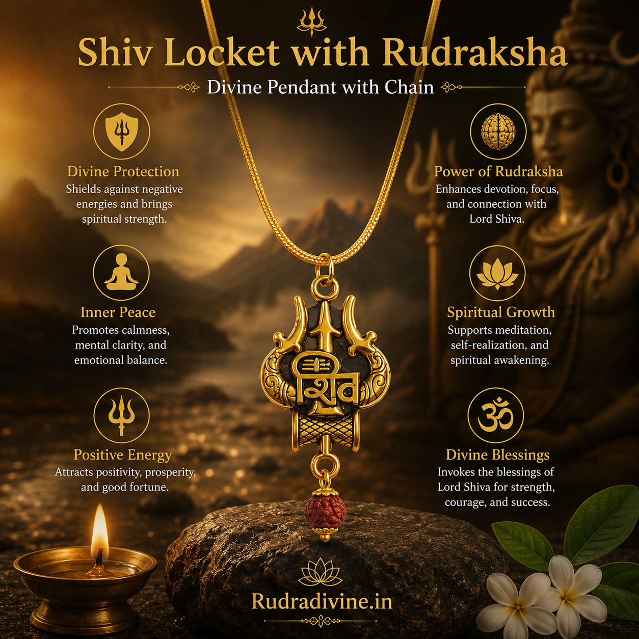 Shiv Locket with Rudraksha and chain featuring Lord Shiva symbolism by Rudradivine, designed as a spiritual pendant for devotion, meditation and everyday sacred wear.