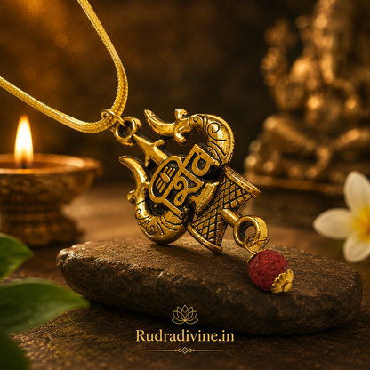 Shiv Locket with Rudraksha and chain featuring Lord Shiva symbolism by Rudradivine, designed as a spiritual pendant for devotion, meditation and everyday sacred wear.