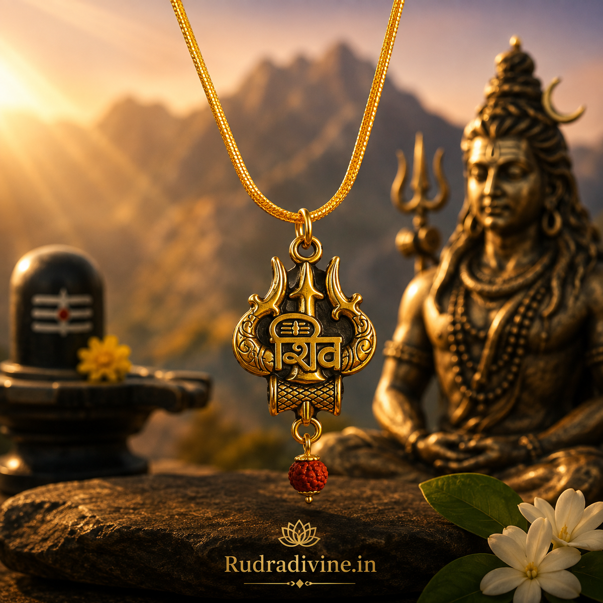 Shiv Locket with Rudraksha and chain featuring Lord Shiva symbolism by Rudradivine, designed as a spiritual pendant for devotion, meditation and everyday sacred wear.