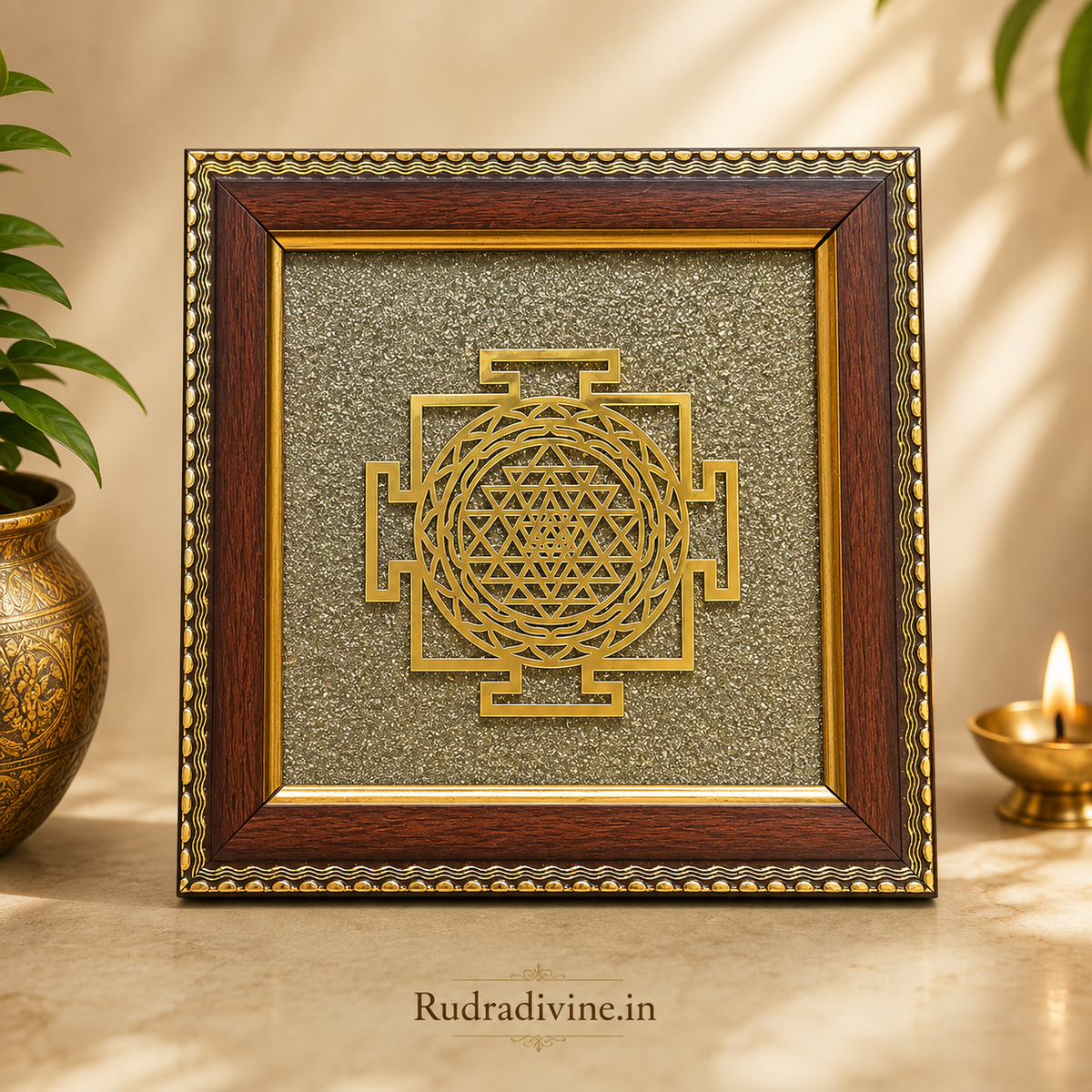 Shree Yantra Raw Pyrite Wall Frame 7x7 Inch by Rudradivine, featuring sacred Shree Yantra design and natural pyrite for Vastu, wealth and spiritual decor.