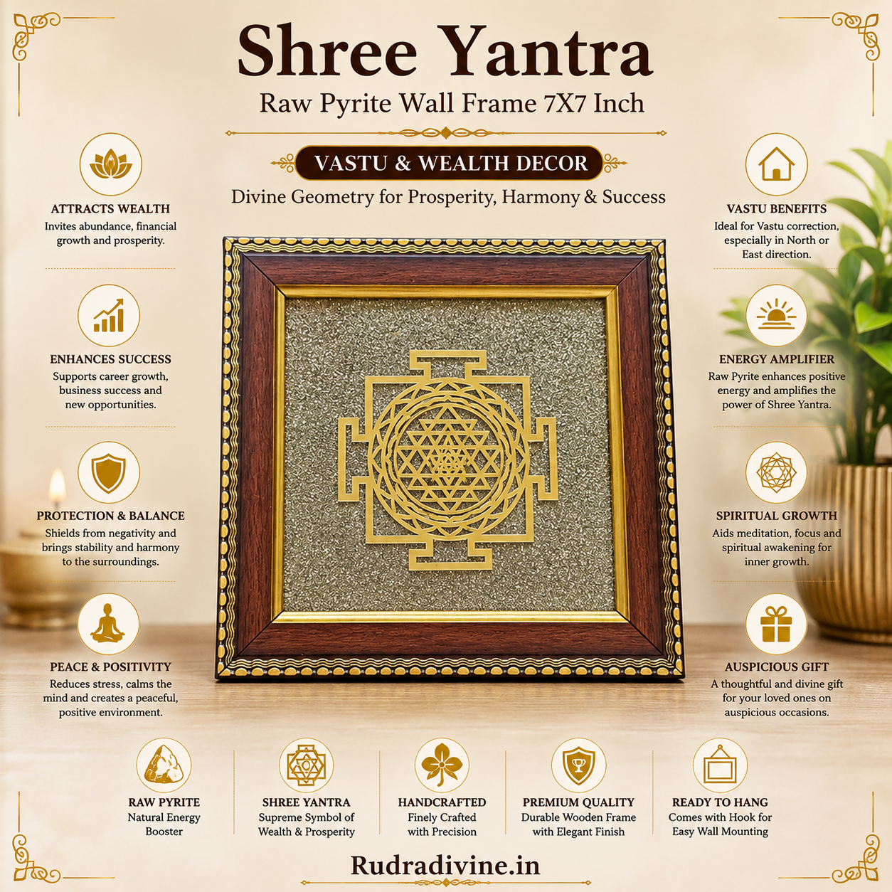 Shree Yantra Raw Pyrite Wall Frame 7x7 Inch by Rudradivine, featuring sacred Shree Yantra design and natural pyrite for Vastu, wealth and spiritual decor.
