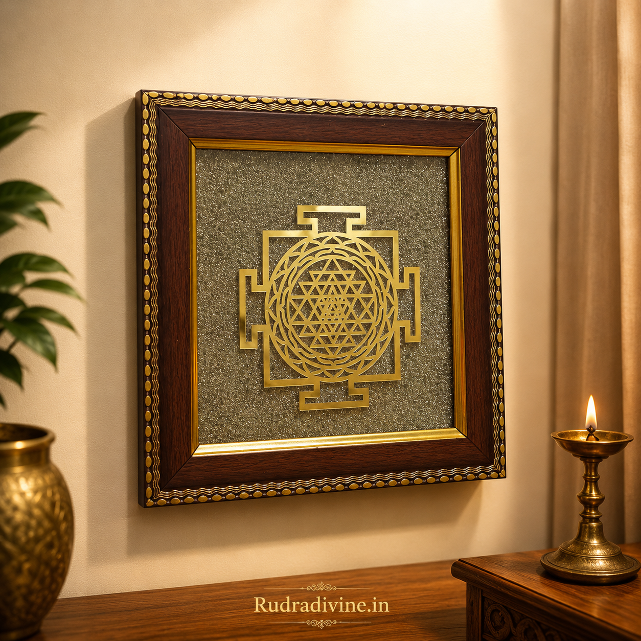 Shree Yantra Raw Pyrite Wall Frame 7x7 Inch by Rudradivine, featuring sacred Shree Yantra design and natural pyrite for Vastu, wealth and spiritual decor.