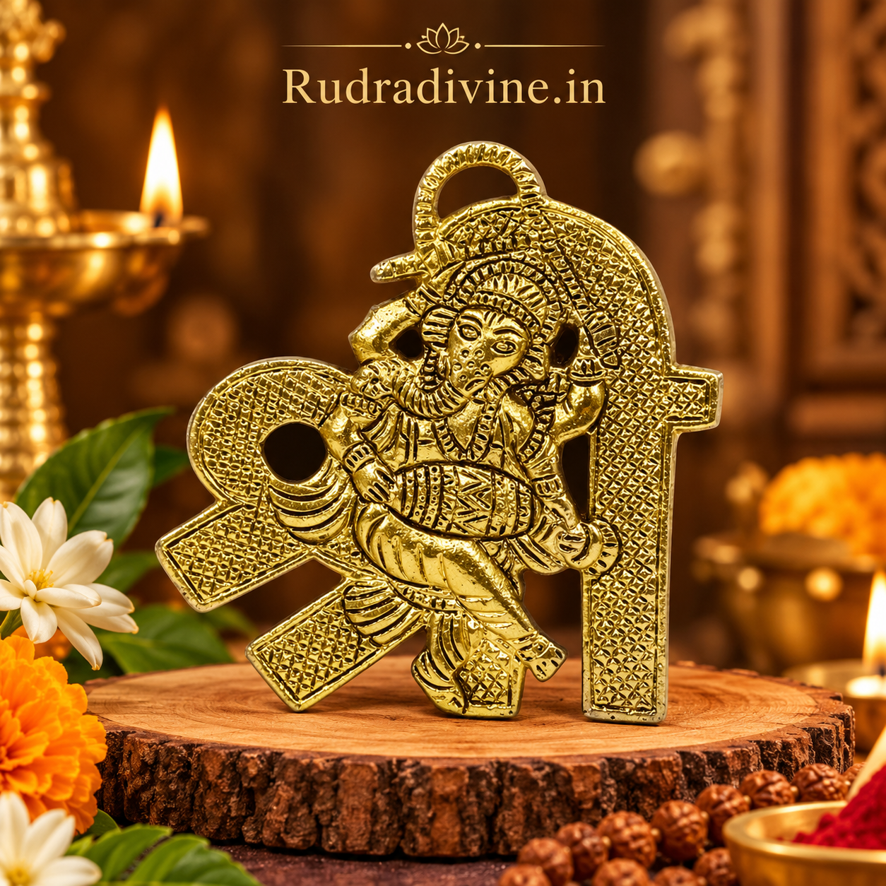 Shri Ganesh Wall Hanging 11x11 CM in brass by Rudradivine, traditional Lord Ganesha decor for temple, home, pooja room and office interiors.