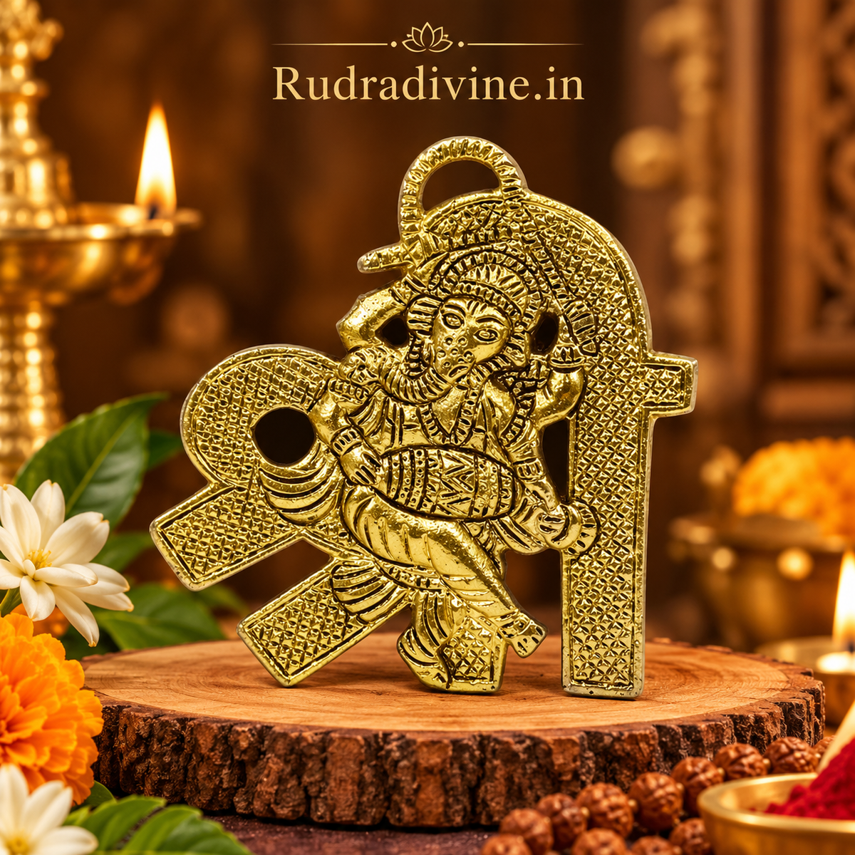 Shri Ganesh Wall Hanging 11x11 CM in brass by Rudradivine, traditional Lord Ganesha decor for temple, home, pooja room and office interiors.