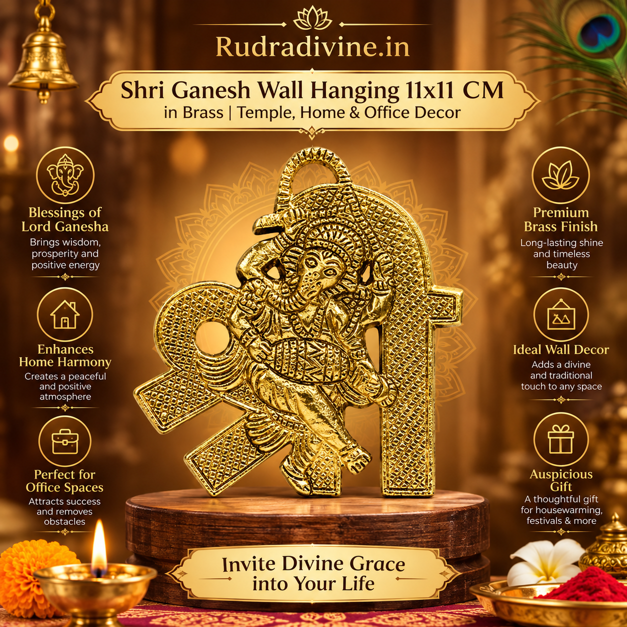 Shri Ganesh Wall Hanging 11x11 CM in brass by Rudradivine, traditional Lord Ganesha decor for temple, home, pooja room and office interiors.
