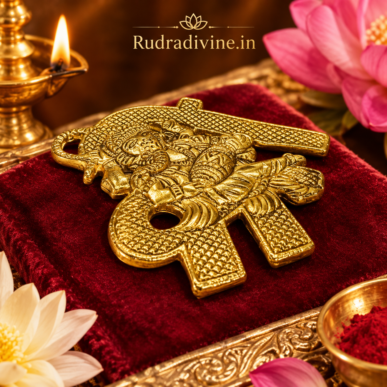 Shri Ganesh Wall Hanging 11x11 CM in brass by Rudradivine, traditional Lord Ganesha decor for temple, home, pooja room and office interiors.