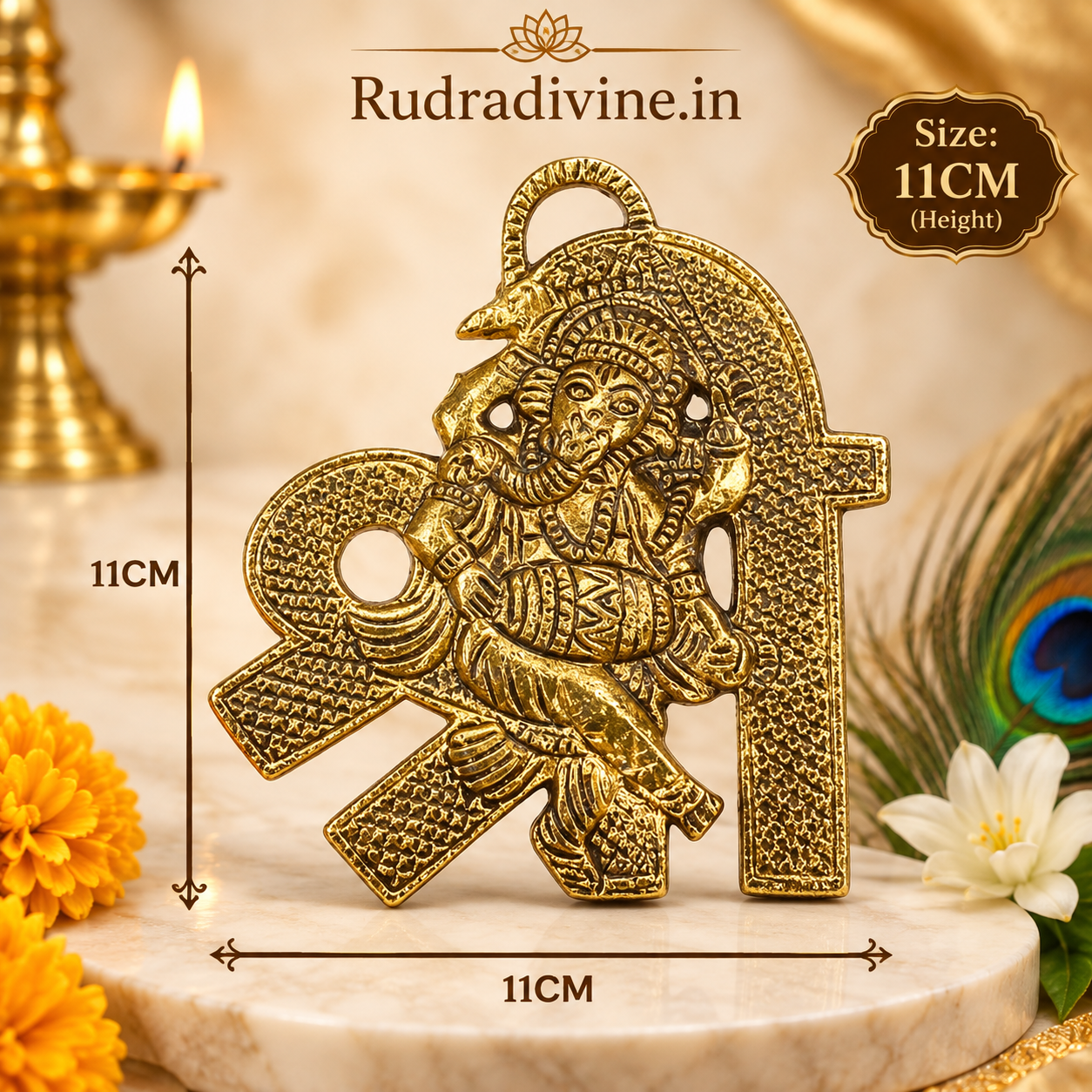 Shri Ganesh Wall Hanging 11x11 CM in brass by Rudradivine, traditional Lord Ganesha decor for temple, home, pooja room and office interiors.