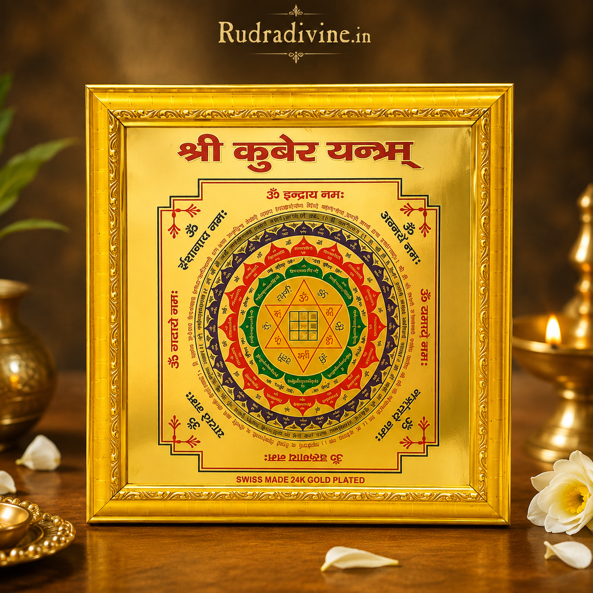 Shri Kuber Yantra gold plated wall frame by Rudradivine for attracting wealth, prosperity, financial abundance and positive energy in homes, offices and businesses.