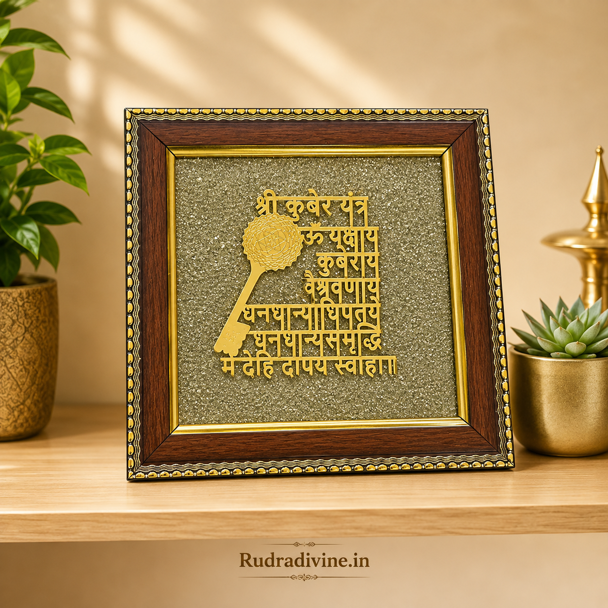 Shri Kuber Yantra on Raw Pyrite Wall Frame 7x7 Inch with premium wooden frame, natural raw pyrite and sacred Kuber Yantra for Vastu, wealth, prosperity and positive energy by Rudradivine.