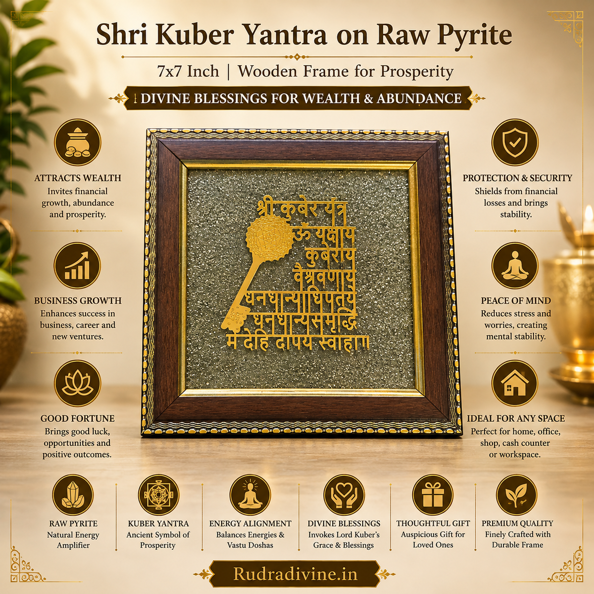 Shri Kuber Yantra on Raw Pyrite Wall Frame 7x7 Inch with premium wooden frame, natural raw pyrite and sacred Kuber Yantra for Vastu, wealth, prosperity and positive energy by Rudradivine.