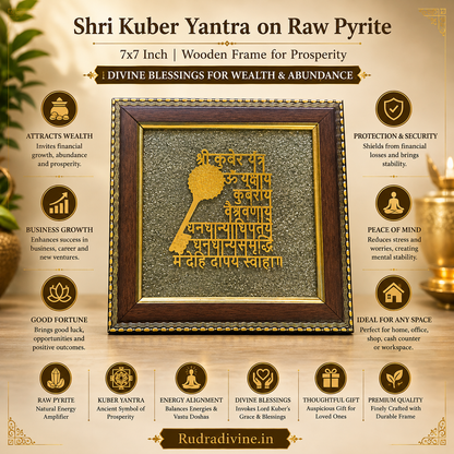 Shri Kuber Yantra on Raw Pyrite Wall Frame 7x7 Inch with premium wooden frame, natural raw pyrite and sacred Kuber Yantra for Vastu, wealth, prosperity and positive energy by Rudradivine.