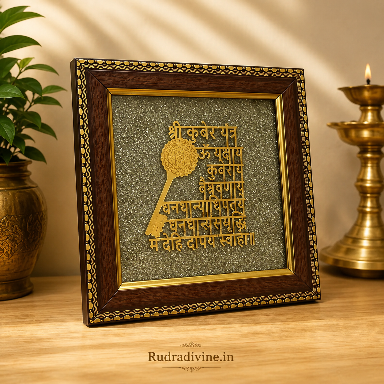 Shri Kuber Yantra on Raw Pyrite Wall Frame 7x7 Inch with premium wooden frame, natural raw pyrite and sacred Kuber Yantra for Vastu, wealth, prosperity and positive energy by Rudradivine.