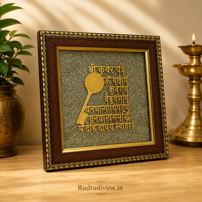 Shri Kuber Yantra on Raw Pyrite Wall Frame 7x7 Inch with premium wooden frame, natural raw pyrite and sacred Kuber Yantra for Vastu, wealth, prosperity and positive energy by Rudradivine.